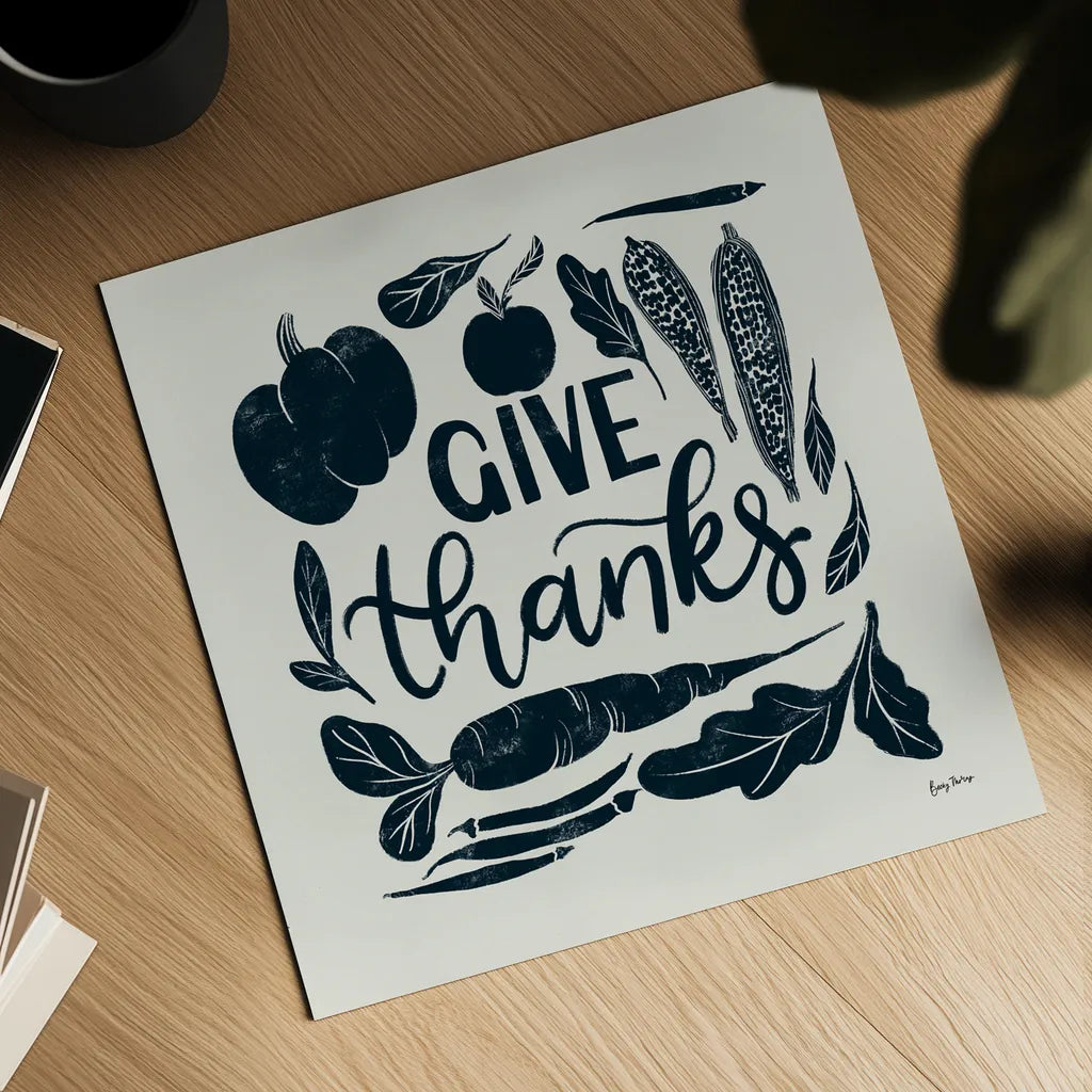 Harvest Lettering II Blue by Becky Thorns. Shown as a detailed flat fine art print, highlighting archival giclee quality. Available as an archival giclee rolled canvas, fine art paper, or poster print. SKU 75122a.