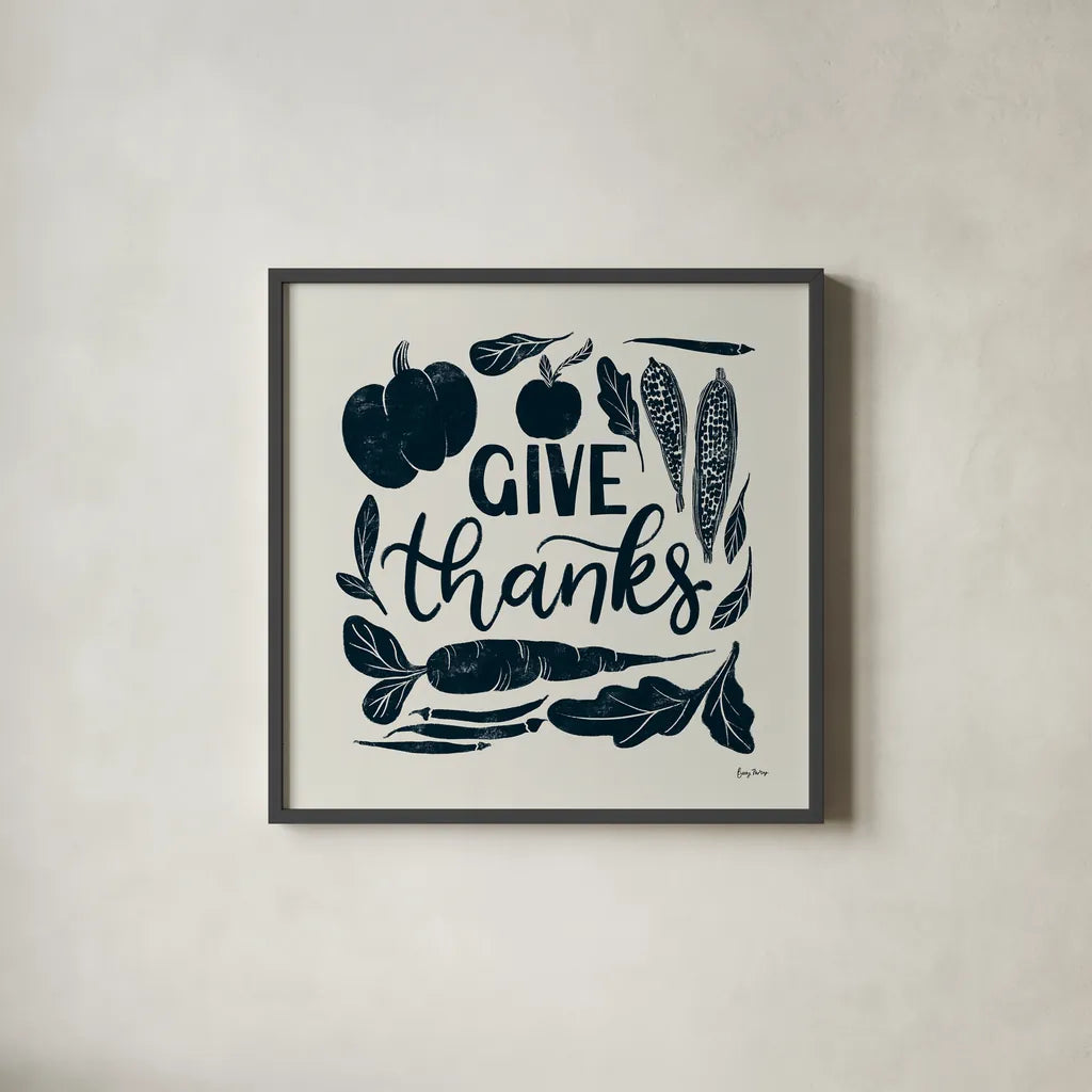 Harvest Lettering II Blue by Becky Thorns. Shown in a sleek black glass frame for a contemporary gallery look. Available as an archival giclee rolled canvas, fine art paper, or poster print. SKU 75122a.