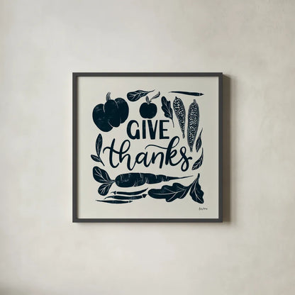 Harvest Lettering II Blue by Becky Thorns. Shown in a sleek black glass frame for a contemporary gallery look. Available as an archival giclee rolled canvas, fine art paper, or poster print. SKU 75122a.