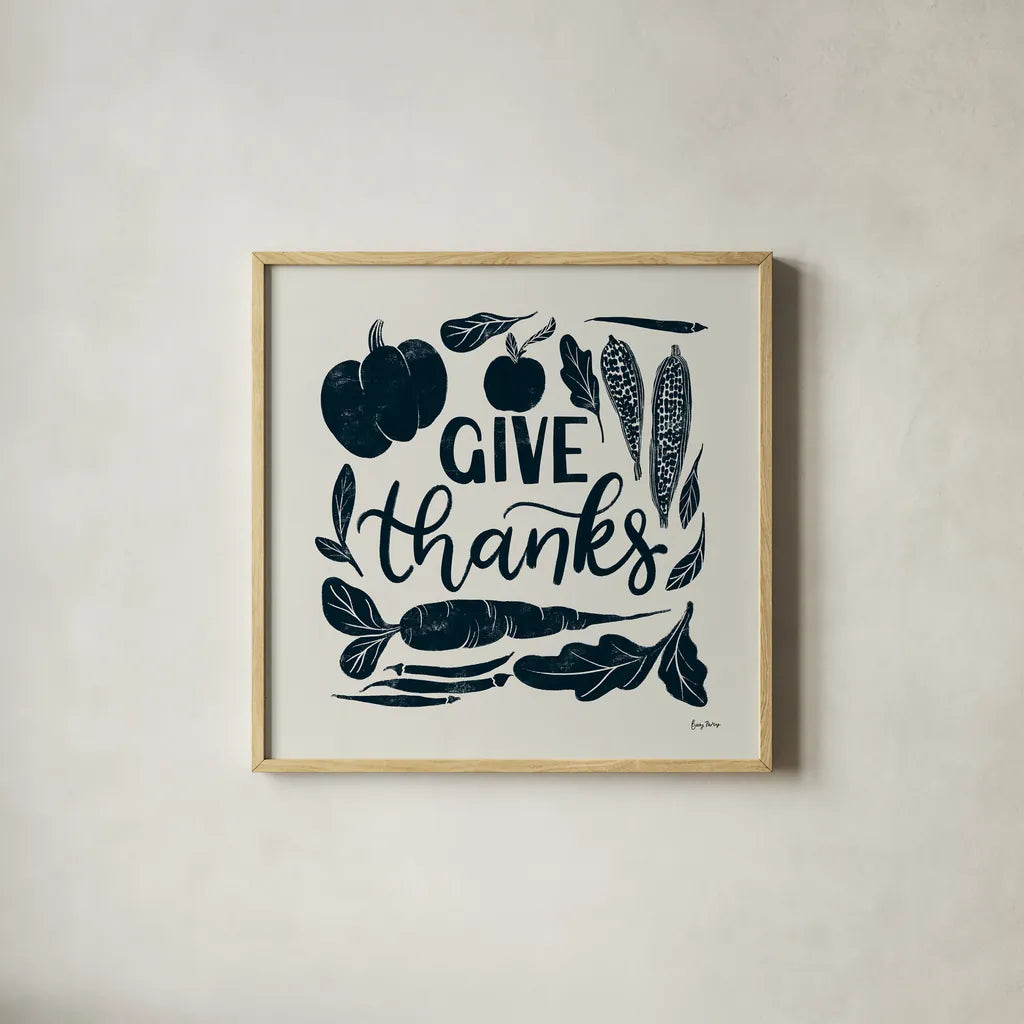 Harvest Lettering II Blue by Becky Thorns. Shown in a natural wood glass frame for a timeless modern aesthetic. Available as an archival giclee rolled canvas, fine art paper, or poster print. SKU 75122a.