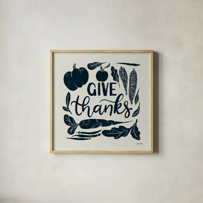 Harvest Lettering II Blue by Becky Thorns. Shown in a natural wood glass frame for a timeless modern aesthetic. Available as an archival giclee rolled canvas, fine art paper, or poster print. SKU 75122a.