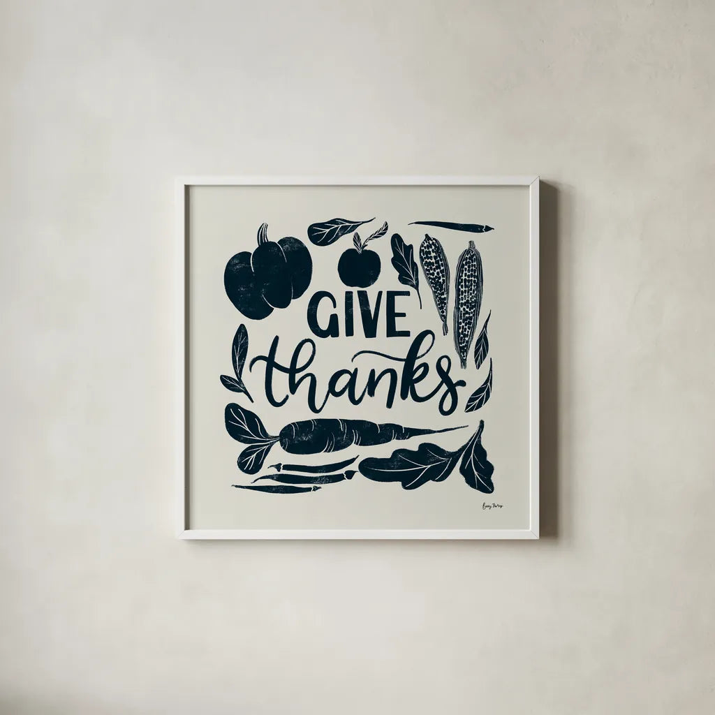 Harvest Lettering II Blue by Becky Thorns. Shown in a crisp white glass frame for a clean and minimalist style. Available as an archival giclee rolled canvas, fine art paper, or poster print. SKU 75122a.