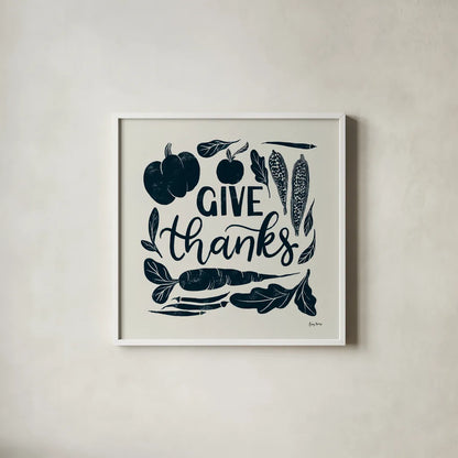 Harvest Lettering II Blue by Becky Thorns. Shown in a crisp white glass frame for a clean and minimalist style. Available as an archival giclee rolled canvas, fine art paper, or poster print. SKU 75122a.
