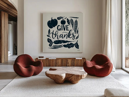 Harvest Lettering II Blue by Becky Thorns. Shown as extra-large giant wall art in a modern living room. Available as an archival giclee rolled canvas, fine art paper, or poster print. SKU 75122a.