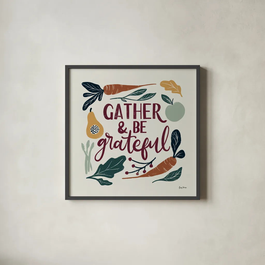 Harvest Lettering III by Becky Thorns. Shown in a sleek black glass frame for a contemporary gallery look. Available as an archival giclee rolled canvas, fine art paper, or poster print. SKU 75119a.