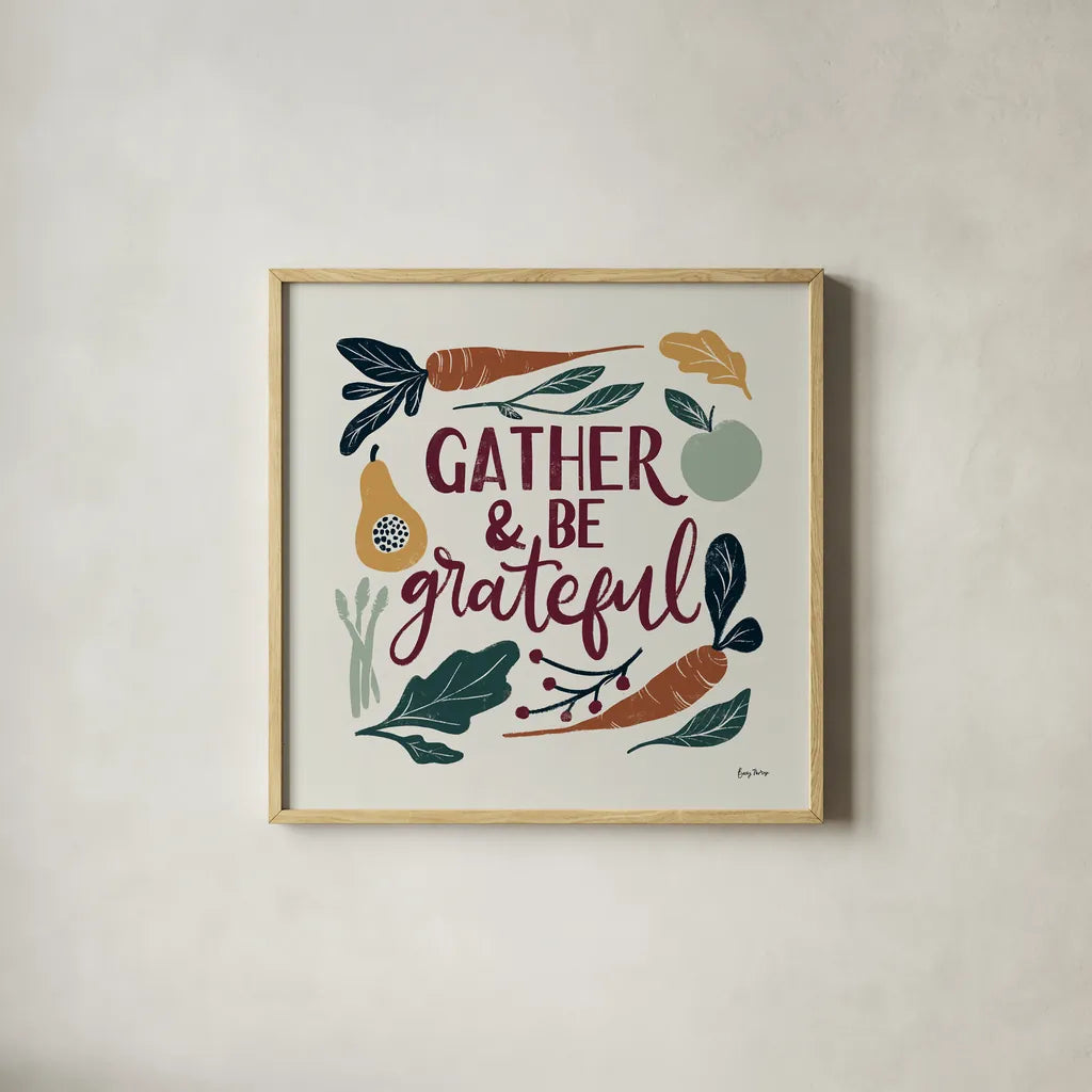 Harvest Lettering III by Becky Thorns. Shown in a natural wood glass frame for a timeless modern aesthetic. Available as an archival giclee rolled canvas, fine art paper, or poster print. SKU 75119a.