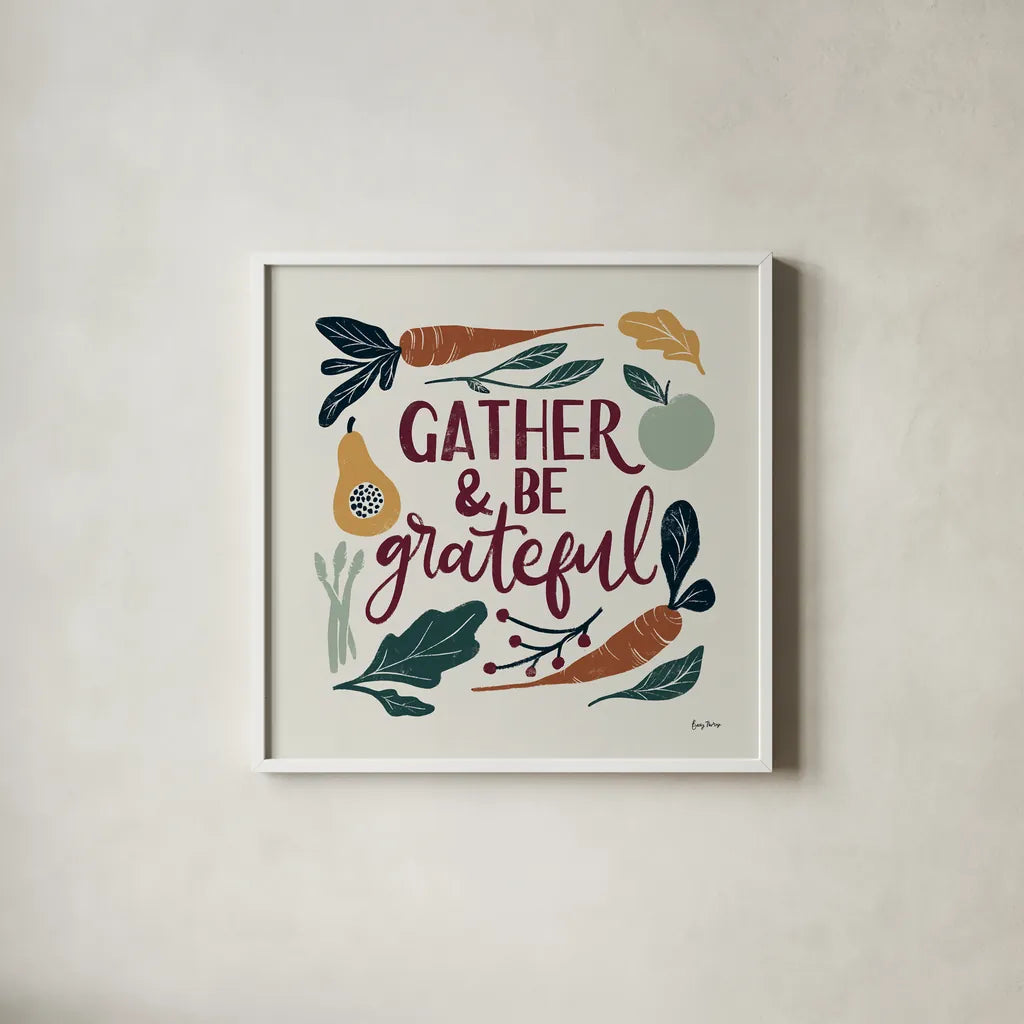 Harvest Lettering III by Becky Thorns. Shown in a crisp white glass frame for a clean and minimalist style. Available as an archival giclee rolled canvas, fine art paper, or poster print. SKU 75119a.