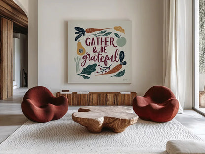 Harvest Lettering III by Becky Thorns. Shown as extra-large giant wall art in a modern living room. Available as an archival giclee rolled canvas, fine art paper, or poster print. SKU 75119a.