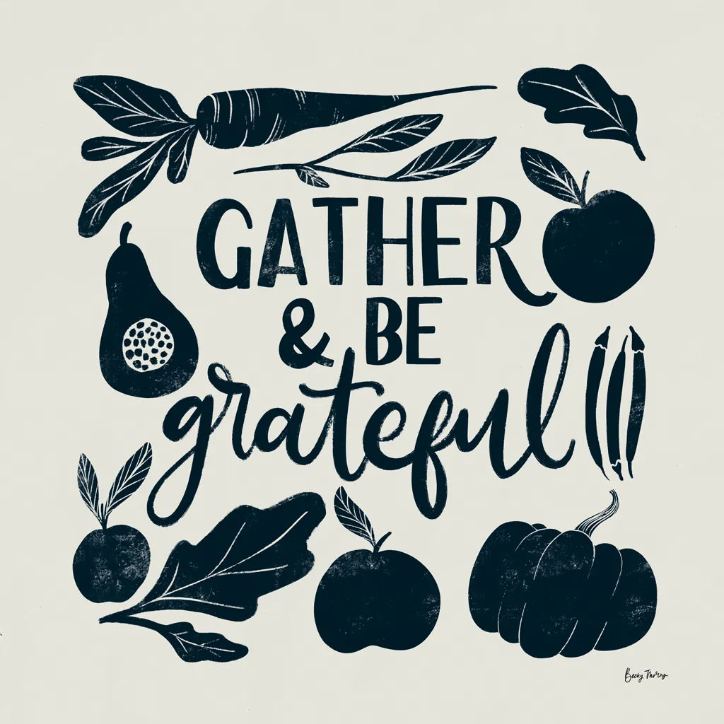 Harvest Lettering III Blue by Becky Thorns. SKU 75123a. Archival Giclee Fine art print for wall decor.