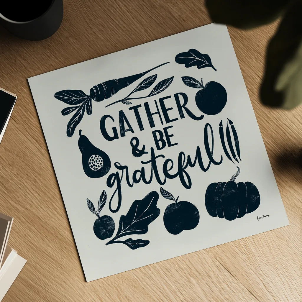 Harvest Lettering III Blue by Becky Thorns. Shown as a detailed flat fine art print, highlighting archival giclee quality. Available as an archival giclee rolled canvas, fine art paper, or poster print. SKU 75123a.