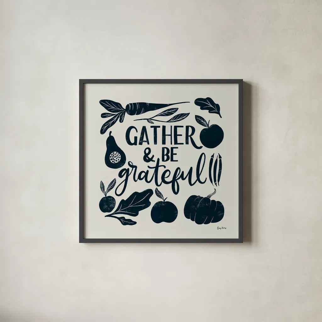 Harvest Lettering III Blue by Becky Thorns. Shown in a sleek black glass frame for a contemporary gallery look. Available as an archival giclee rolled canvas, fine art paper, or poster print. SKU 75123a.