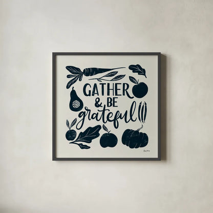 Harvest Lettering III Blue by Becky Thorns. Shown in a sleek black glass frame for a contemporary gallery look. Available as an archival giclee rolled canvas, fine art paper, or poster print. SKU 75123a.