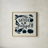 Harvest Lettering III Blue by Becky Thorns. Shown in a natural wood glass frame for a timeless modern aesthetic. Available as an archival giclee rolled canvas, fine art paper, or poster print. SKU 75123a.