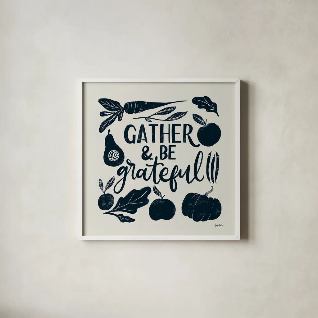 Harvest Lettering III Blue by Becky Thorns. Shown in a crisp white glass frame for a clean and minimalist style. Available as an archival giclee rolled canvas, fine art paper, or poster print. SKU 75123a.