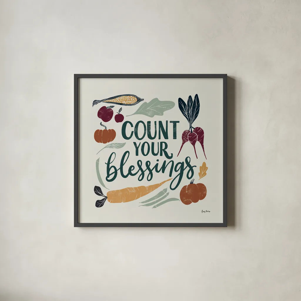 Harvest Lettering IV by Becky Thorns. Shown in a sleek black glass frame for a contemporary gallery look. Available as an archival giclee rolled canvas, fine art paper, or poster print. SKU 75120a.