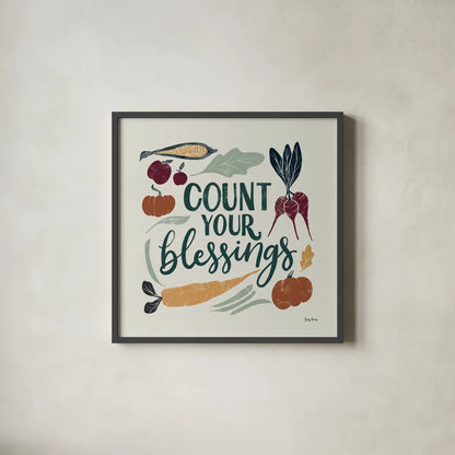 Harvest Lettering IV by Becky Thorns. Shown in a sleek black glass frame for a contemporary gallery look. Available as an archival giclee rolled canvas, fine art paper, or poster print. SKU 75120a.