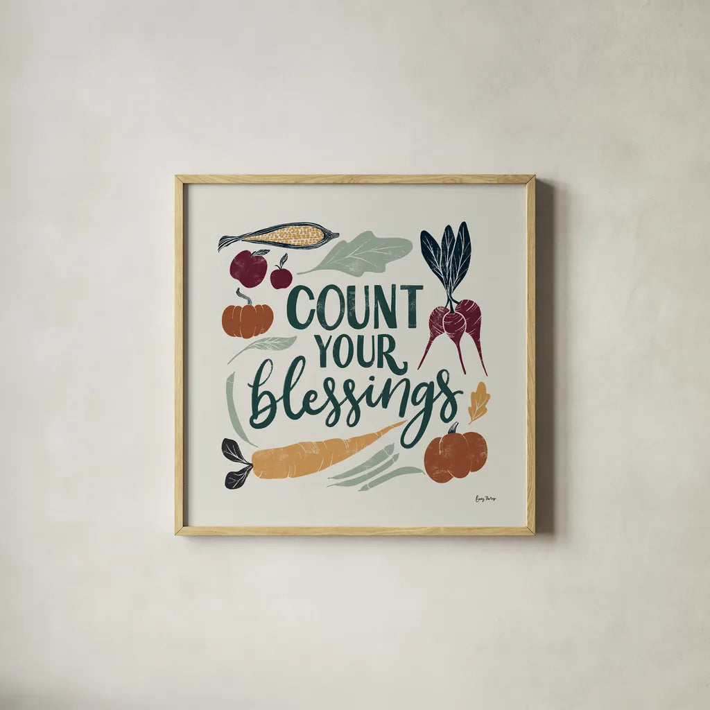 Harvest Lettering IV by Becky Thorns. Shown in a natural wood glass frame for a timeless modern aesthetic. Available as an archival giclee rolled canvas, fine art paper, or poster print. SKU 75120a.