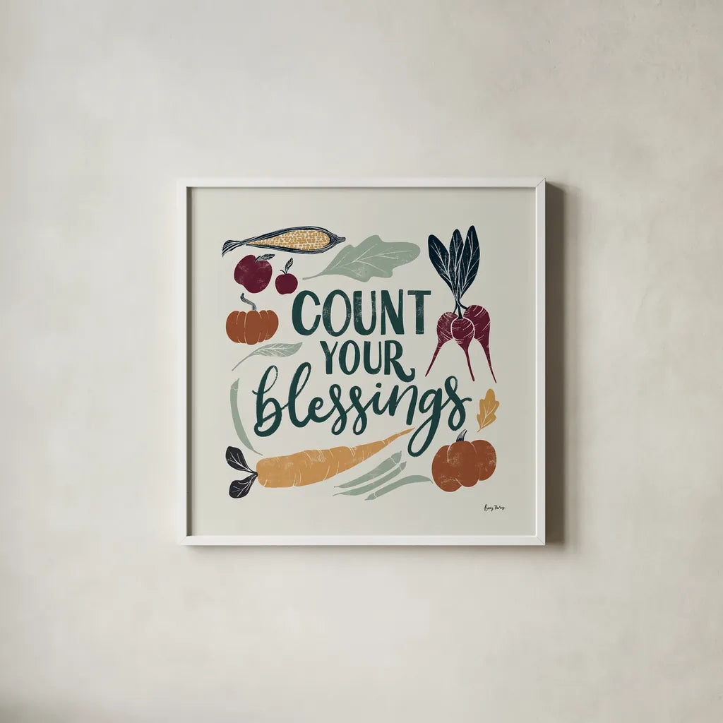 Harvest Lettering IV by Becky Thorns. Shown in a crisp white glass frame for a clean and minimalist style. Available as an archival giclee rolled canvas, fine art paper, or poster print. SKU 75120a.