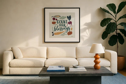 Harvest Lettering IV by Becky Thorns. Displayed in a glass frame with matte in a clean modern living room. Available as an archival giclee rolled canvas, fine art paper, or poster print. SKU 75120a.