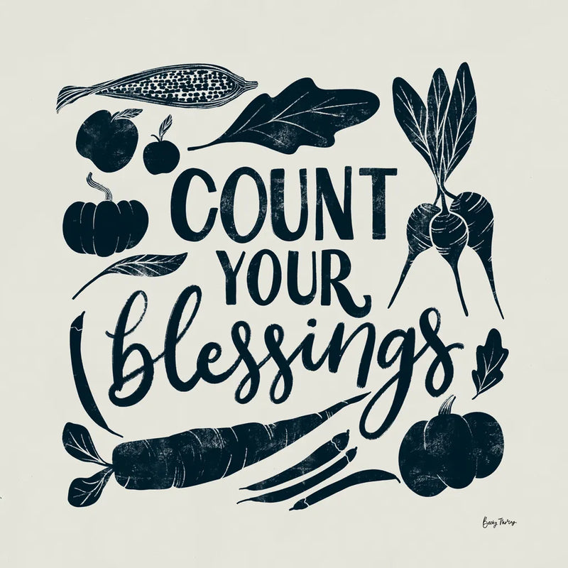 Harvest Lettering IV Blue by Becky Thorns. SKU 75124a. Archival Giclee Fine art print for wall decor.