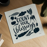 Harvest Lettering IV Blue by Becky Thorns. Shown as a detailed flat fine art print, highlighting archival giclee quality. Available as an archival giclee rolled canvas, fine art paper, or poster print. SKU 75124a.