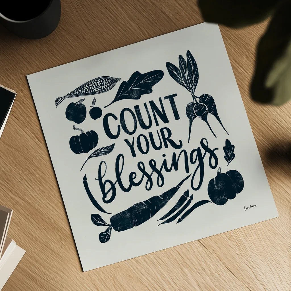 Harvest Lettering IV Blue by Becky Thorns. Shown as a detailed flat fine art print, highlighting archival giclee quality. Available as an archival giclee rolled canvas, fine art paper, or poster print. SKU 75124a.