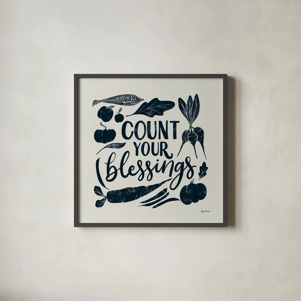 Harvest Lettering IV Blue by Becky Thorns. Shown in a sleek black glass frame for a contemporary gallery look. Available as an archival giclee rolled canvas, fine art paper, or poster print. SKU 75124a.