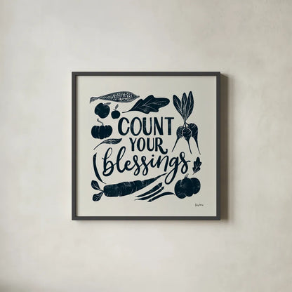 Harvest Lettering IV Blue by Becky Thorns. Shown in a sleek black glass frame for a contemporary gallery look. Available as an archival giclee rolled canvas, fine art paper, or poster print. SKU 75124a.