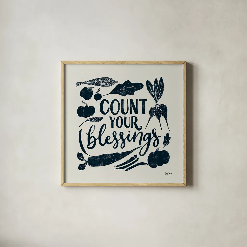 Harvest Lettering IV Blue by Becky Thorns. Shown in a natural wood glass frame for a timeless modern aesthetic. Available as an archival giclee rolled canvas, fine art paper, or poster print. SKU 75124a.