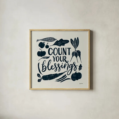 Harvest Lettering IV Blue by Becky Thorns. Shown in a natural wood glass frame for a timeless modern aesthetic. Available as an archival giclee rolled canvas, fine art paper, or poster print. SKU 75124a.