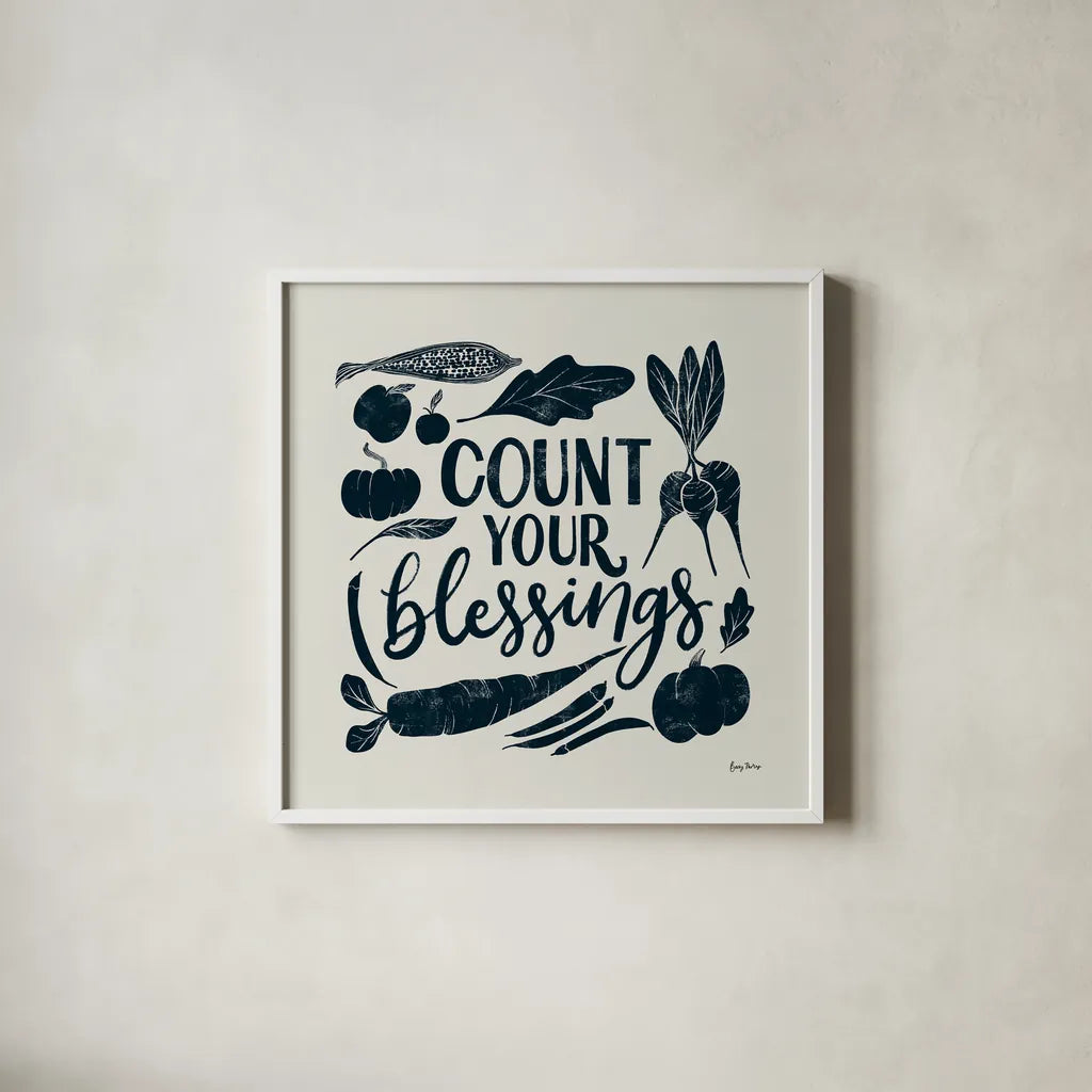Harvest Lettering IV Blue by Becky Thorns. Shown in a crisp white glass frame for a clean and minimalist style. Available as an archival giclee rolled canvas, fine art paper, or poster print. SKU 75124a.