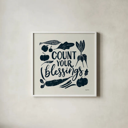 Harvest Lettering IV Blue by Becky Thorns. Shown in a crisp white glass frame for a clean and minimalist style. Available as an archival giclee rolled canvas, fine art paper, or poster print. SKU 75124a.