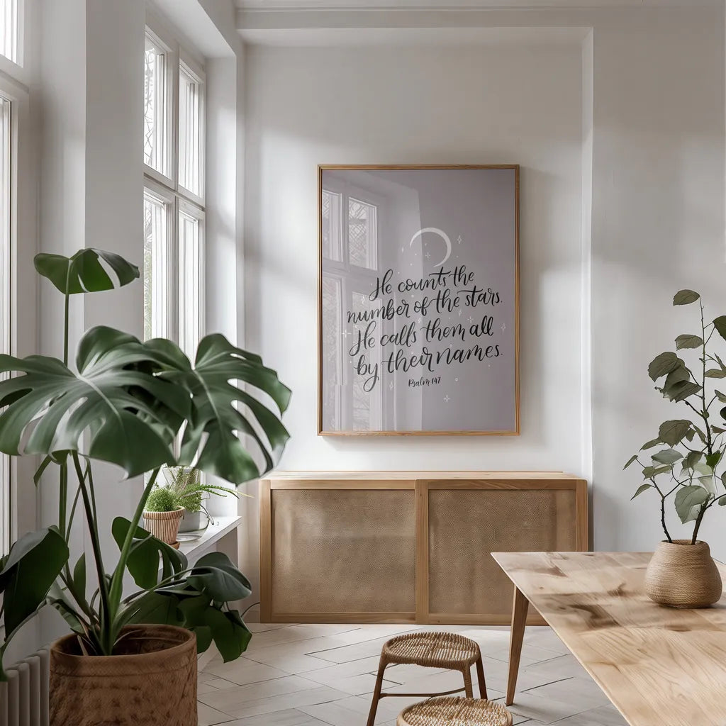 He Counts the Stars by Becky Thorns. shown as a print in a natural wood frame in a dining room. Available as a archival giclee rolled canvas, fine art paper, or poster print. SKU 61719h.