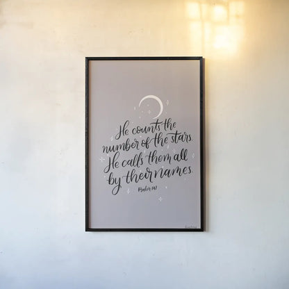 He Counts the Stars by Becky Thorns. shown as a paper print in a black flame. Available as a archival giclee rolled canvas, fine art paper, or poster print. SKU 61719h.