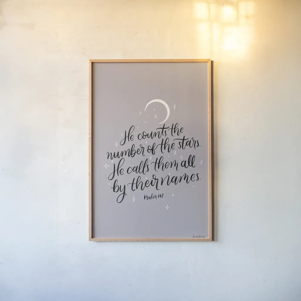 He Counts the Stars by Becky Thorns. shown as a paper print in a natural frame. Available as a archival giclee rolled canvas, fine art paper, or poster print. SKU 61719h.