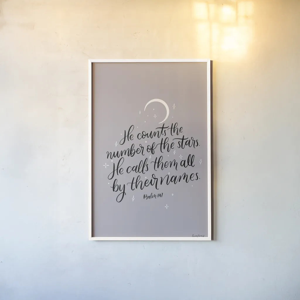 He Counts the Stars by Becky Thorns. shown as a paper print in a white frame. Available as a archival giclee rolled canvas, fine art paper, or poster print. SKU 61719h.