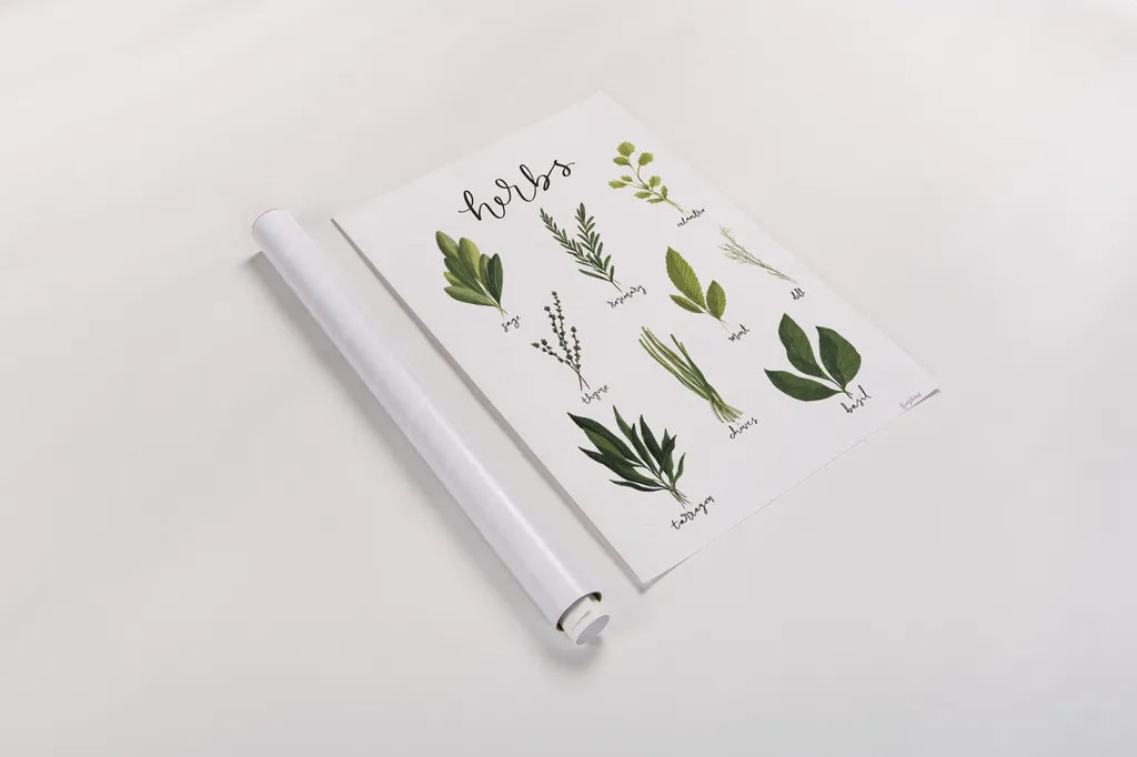 Herbs I White by Becky Thorns. shown as a rolled paper print. Available as archival giclee rolled canvas, fine art paper, or poster print. SKU 64689h.