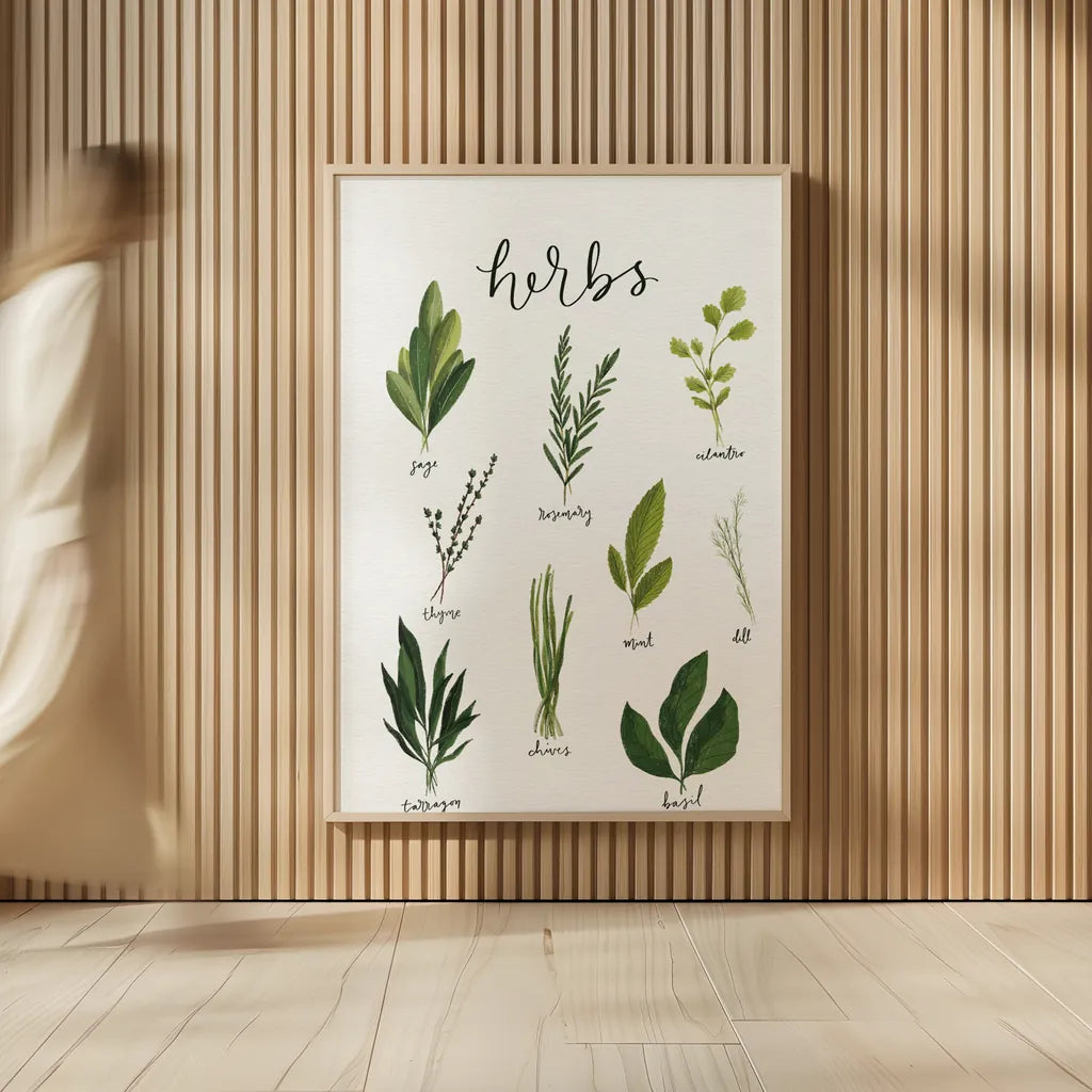 Herbs I White by Becky Thorns. shown as over sized large wall art. Available as an archival giclee rolled canvas, fine art paper, or poster print. SKU 64689h.