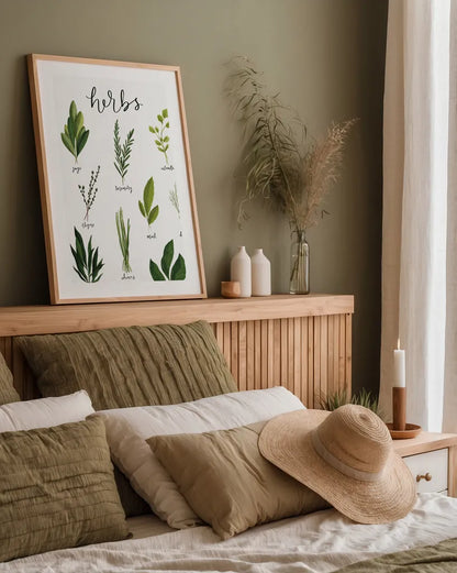 Herbs I White by Becky Thorns. shown as a paper print in a natural frame. Available as a archival giclee rolled canvas, fine art paper, or poster print. SKU 64689h.