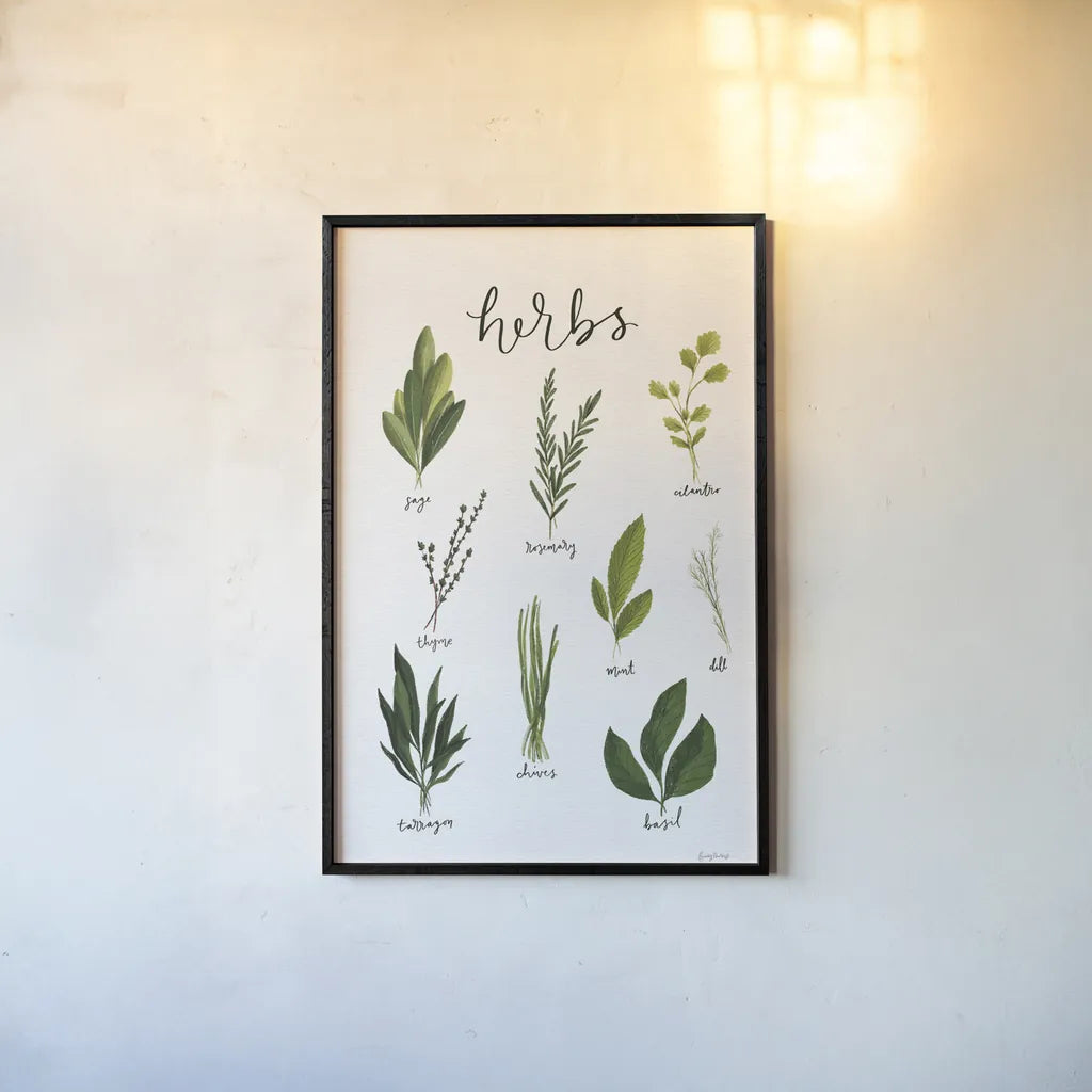 Herbs I White by Becky Thorns. shown as a paper print in a black flame. Available as a archival giclee rolled canvas, fine art paper, or poster print. SKU 64689h.