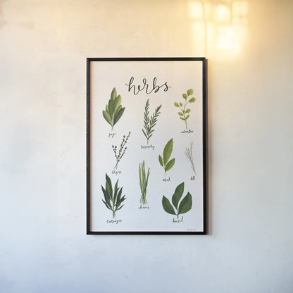Herbs I White by Becky Thorns. shown as a paper print in a black flame. Available as a archival giclee rolled canvas, fine art paper, or poster print. SKU 64689h.