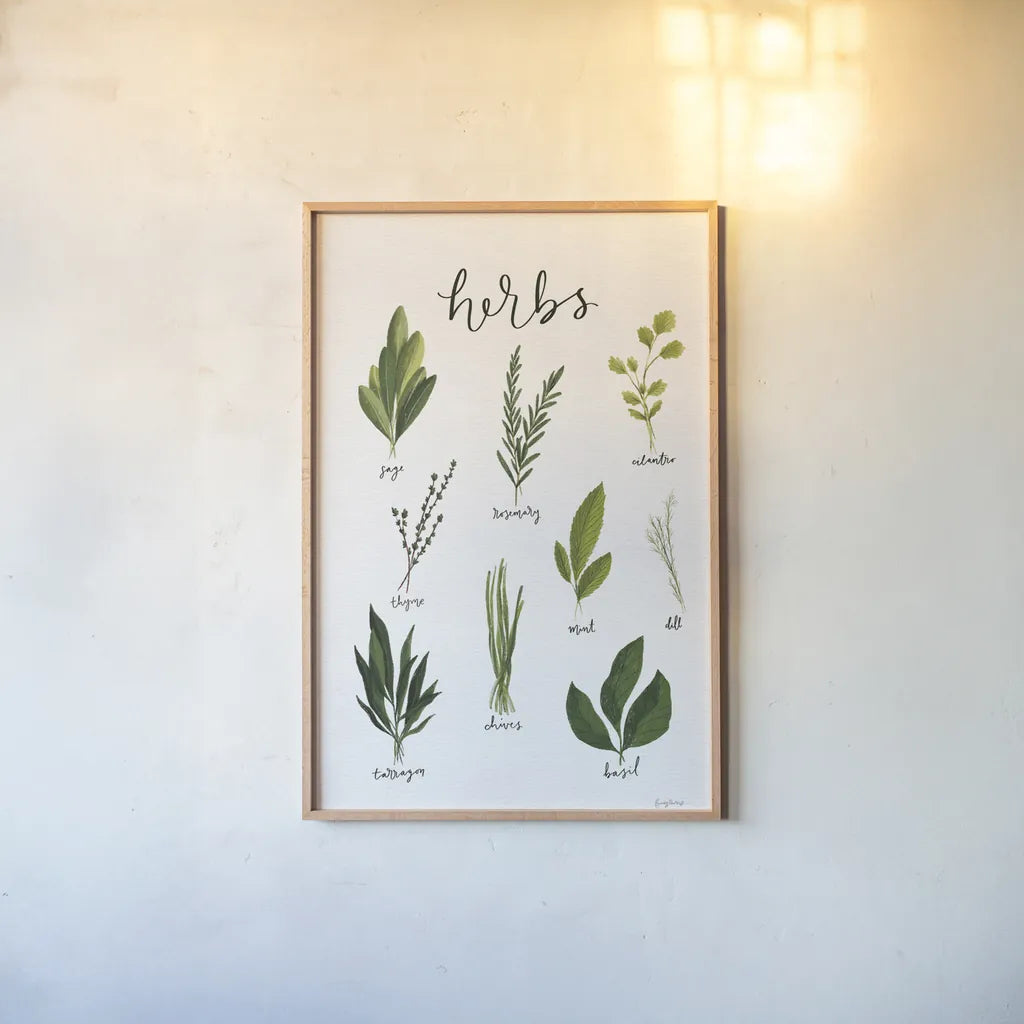 Herbs I White by Becky Thorns. shown as a paper print in a natural frame. Available as a archival giclee rolled canvas, fine art paper, or poster print. SKU 64689h.