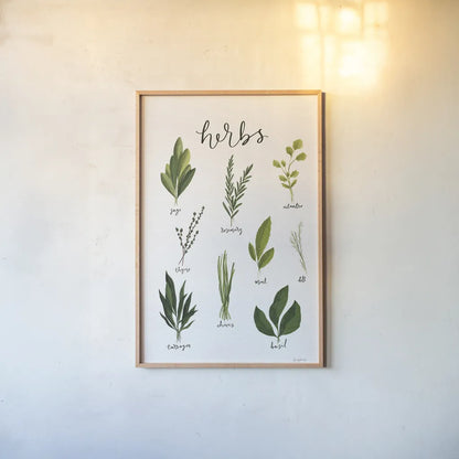 Herbs I White by Becky Thorns. shown as a paper print in a natural frame. Available as a archival giclee rolled canvas, fine art paper, or poster print. SKU 64689h.