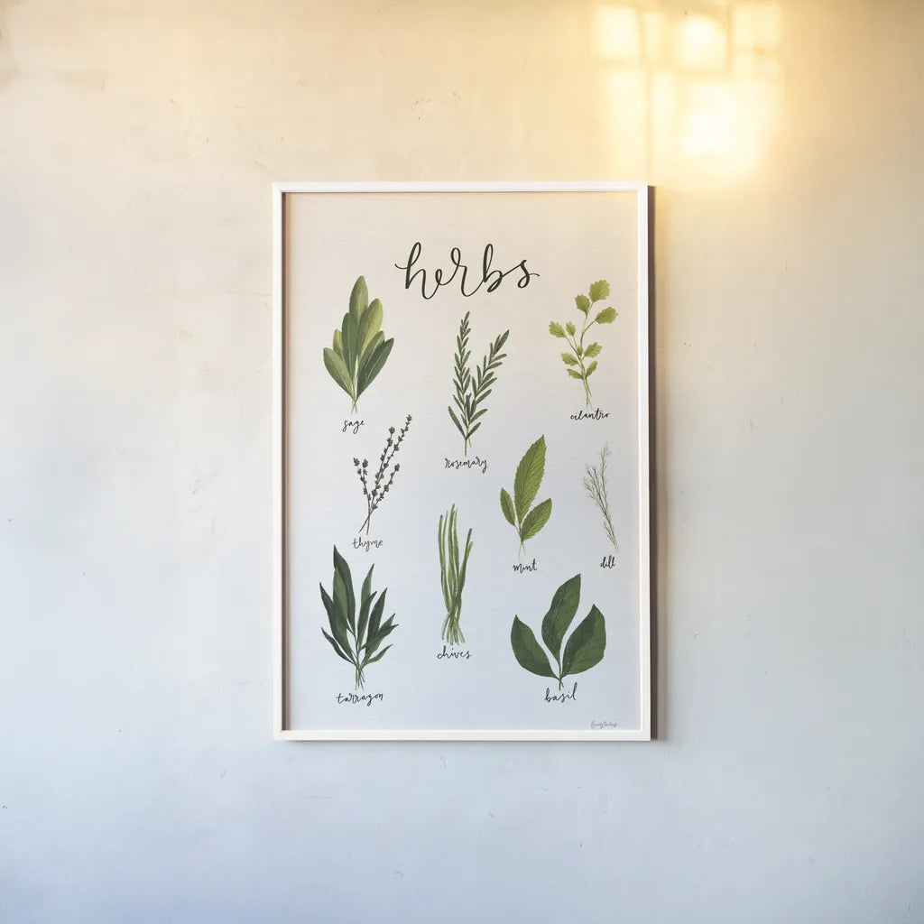 Herbs I White by Becky Thorns. shown as a paper print in a white frame. Available as a archival giclee rolled canvas, fine art paper, or poster print. SKU 64689h.
