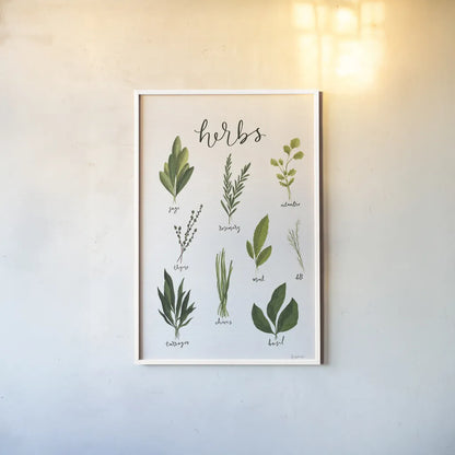 Herbs I White by Becky Thorns. shown as a paper print in a white frame. Available as a archival giclee rolled canvas, fine art paper, or poster print. SKU 64689h.