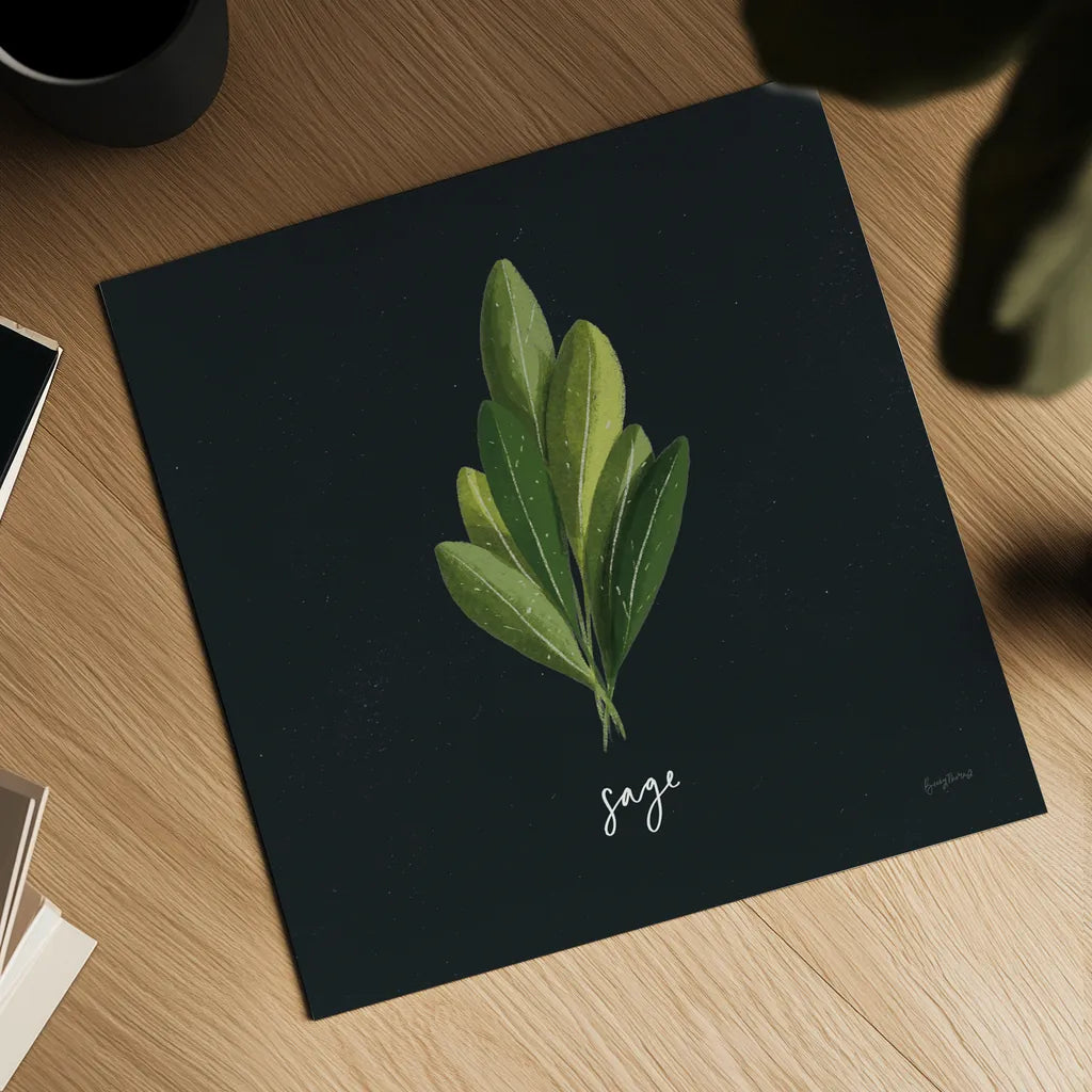 Herbs II Black by Becky Thorns. Shown as a detailed flat fine art print, highlighting archival giclee quality. Available as an archival giclee rolled canvas, fine art paper, or poster print. SKU 64683a.