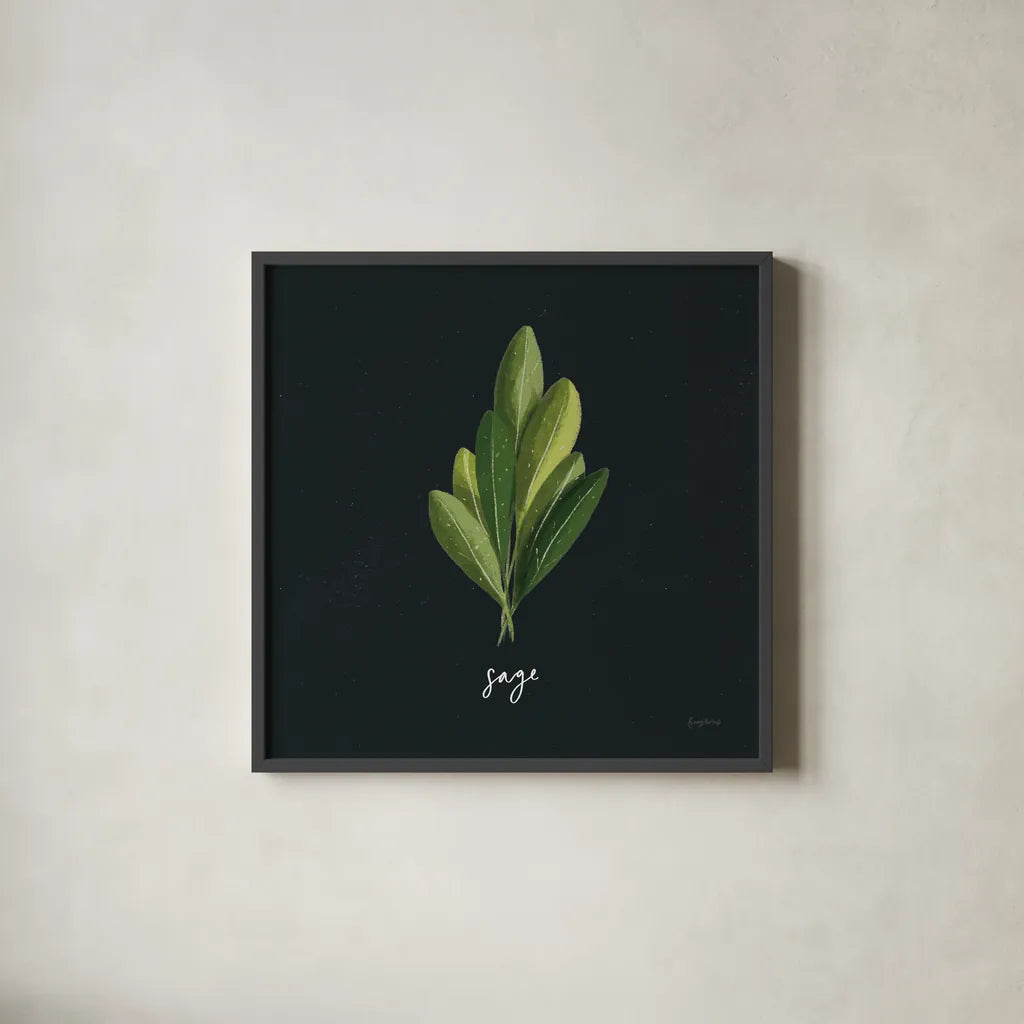Herbs II Black by Becky Thorns. Shown in a sleek black glass frame for a contemporary gallery look. Available as an archival giclee rolled canvas, fine art paper, or poster print. SKU 64683a.