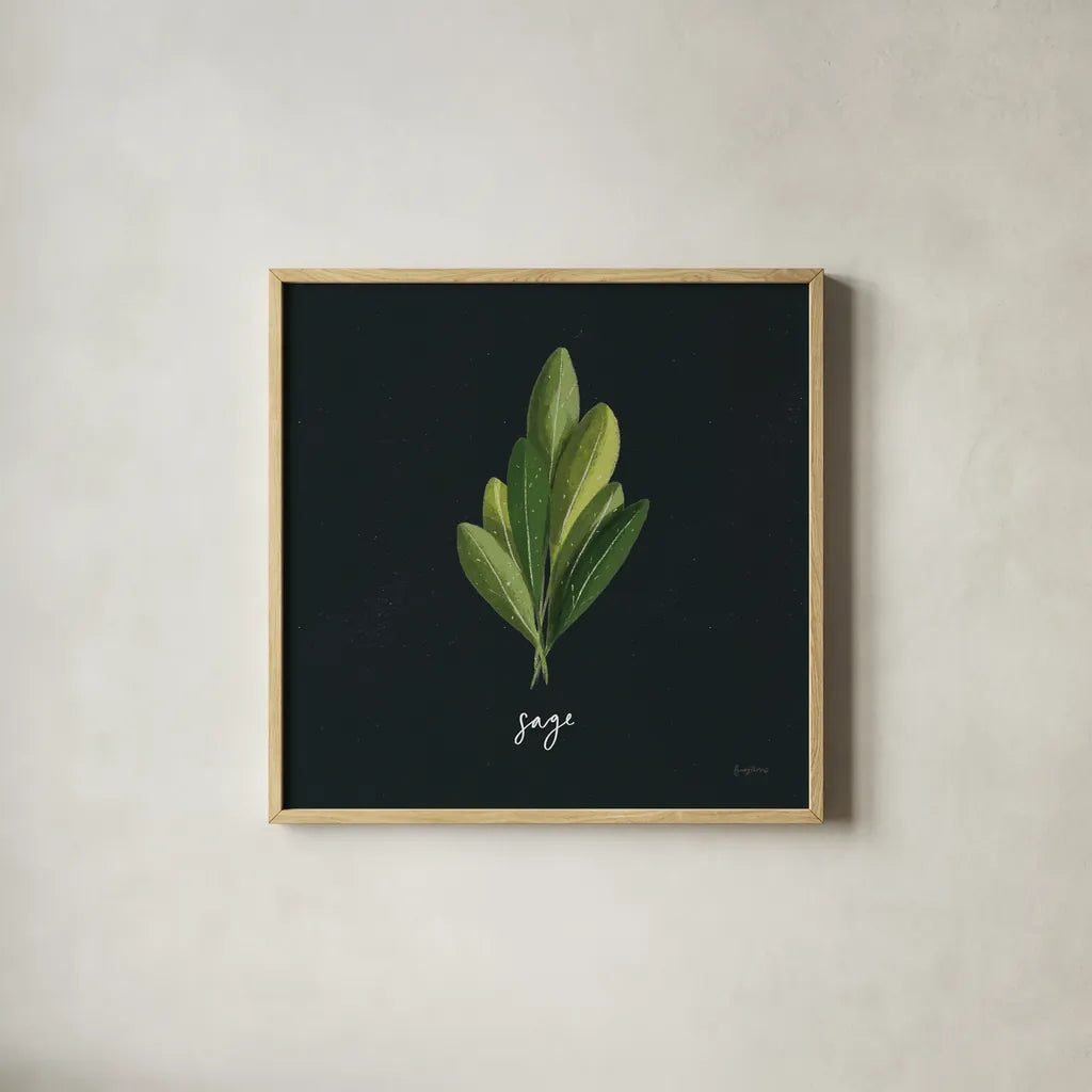 Herbs II Black by Becky Thorns. Shown in a natural wood glass frame for a timeless modern aesthetic. Available as an archival giclee rolled canvas, fine art paper, or poster print. SKU 64683a.