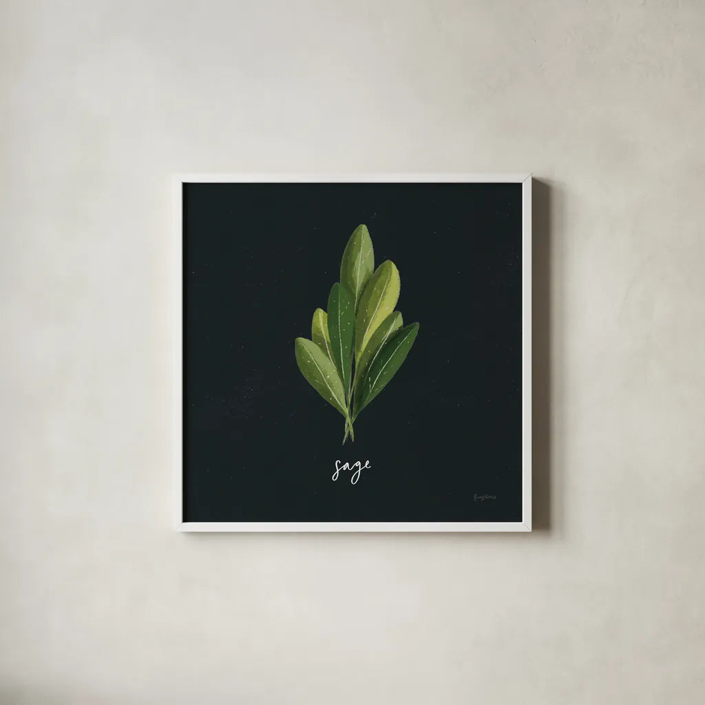 Herbs II Black by Becky Thorns. Shown in a crisp white glass frame for a clean and minimalist style. Available as an archival giclee rolled canvas, fine art paper, or poster print. SKU 64683a.