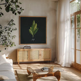 Herbs II Black by Becky Thorns. Shown in a natural wood frame in a cozy modern living room. Available as an archival giclee rolled canvas, fine art paper, or poster print. SKU 64683a.